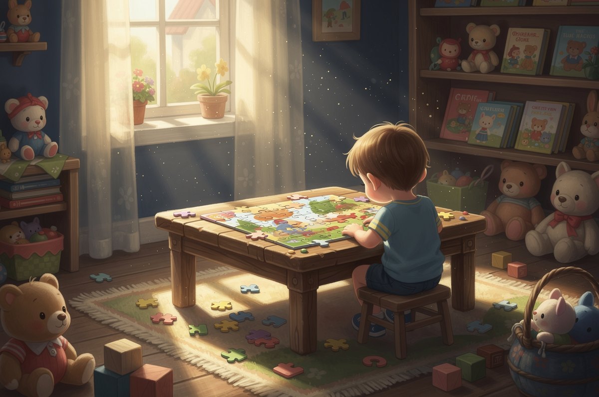 A young child seen from behind completing a colorful jigsaw puzzle at a sunlit playroom table, surrounded by toys and scattered pieces