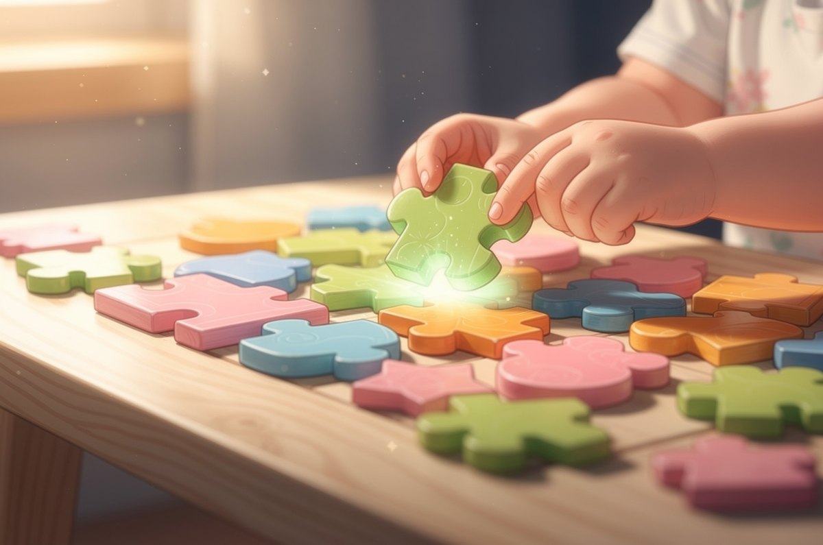 Close-up of a young child's hands fitting a chunky green jigsaw piece among colorful pieces on a wooden table