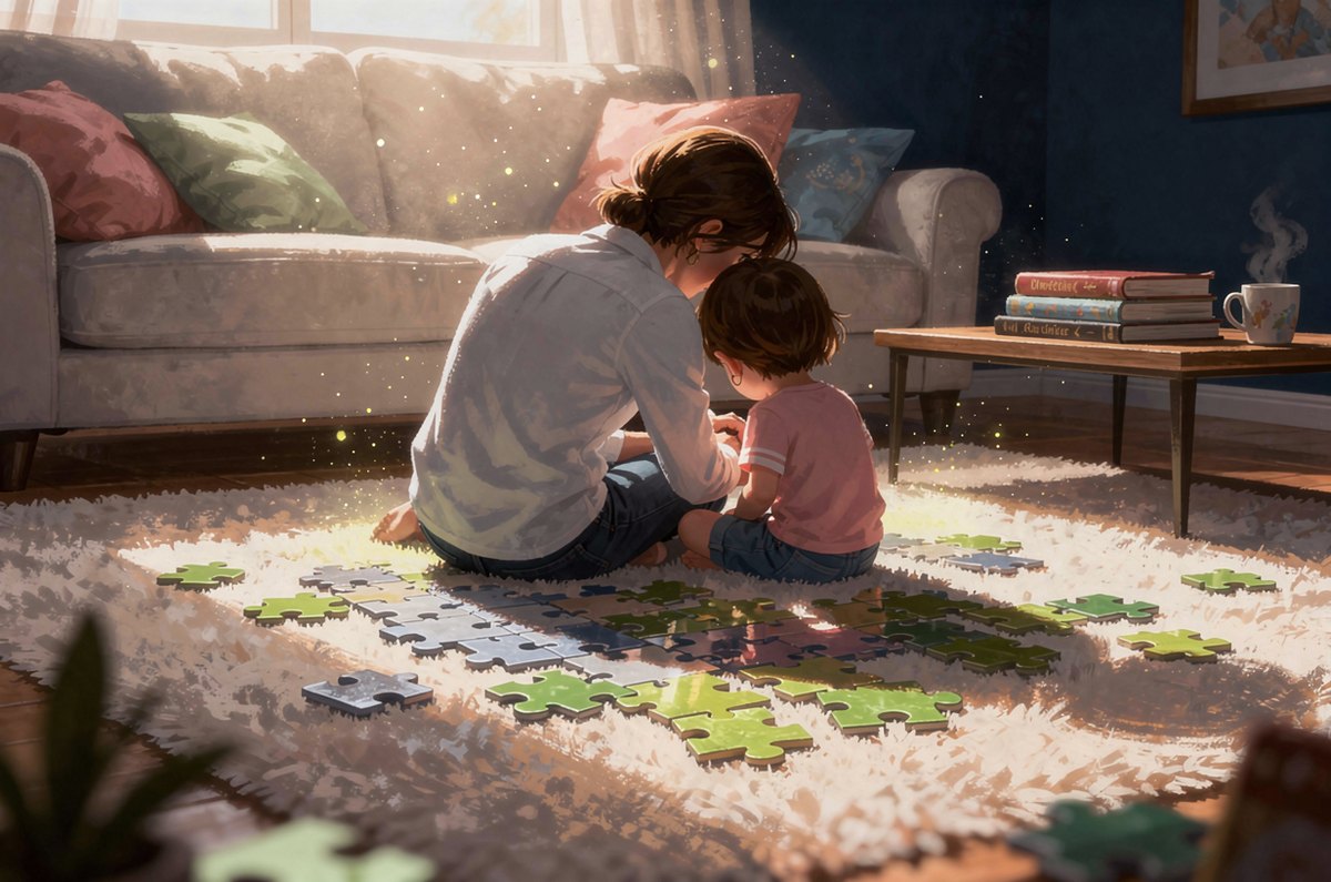 A parent and young child seen from behind sitting together on a rug, working on a large floor jigsaw puzzle in warm light