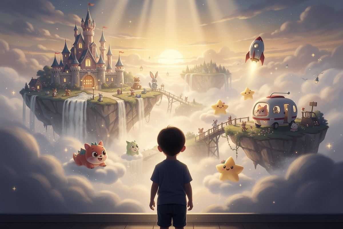A child seen from behind stepping into an illustrated magical world of floating castles, friendly creatures and a rocket, the idea behind a custom photo puzzle for kids