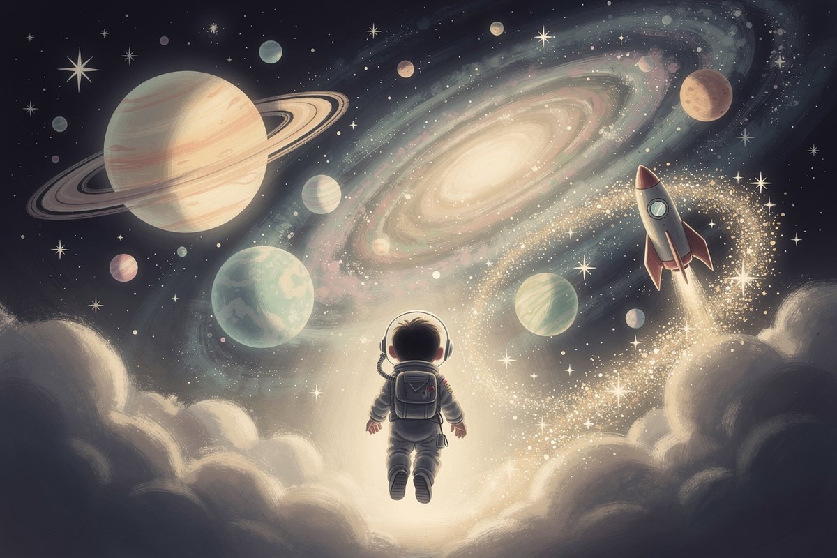 A young child astronaut illustrated into a dreamy galaxy of glowing planets and a friendly rocket, an example of an illustrated custom puzzle world