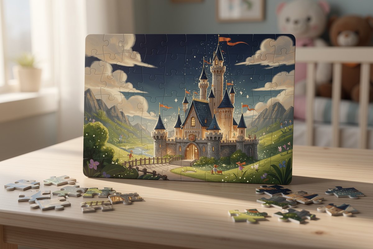 A finished children's castle jigsaw puzzle on a cozy table with loose pieces beside it, a custom photo puzzle keepsake