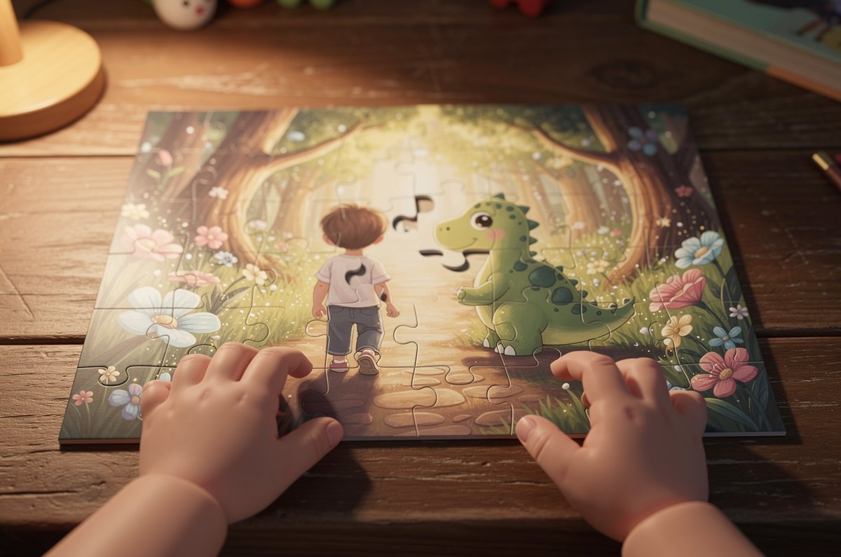 A child's hand placing a piece into a personalized jigsaw puzzle on a table, the puzzle showing a young child seen from behind exploring a glowing world with a friendly dinosaur