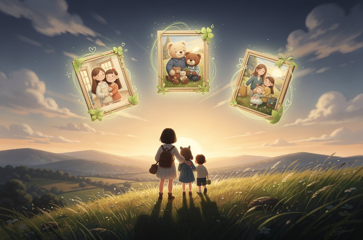 A family seen from behind on a grassy hill, looking up at floating storybook-art worlds rendered in wool, clay, cut-paper and paint, the idea behind a custom family portrait