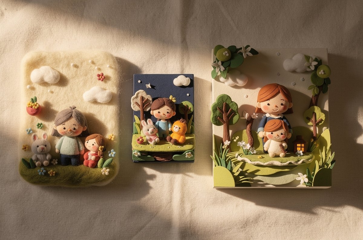 Three handcraft versions of a family portrait displayed side by side: a needle-felted wool scene, a clay diorama, and a layered cut-paper collage