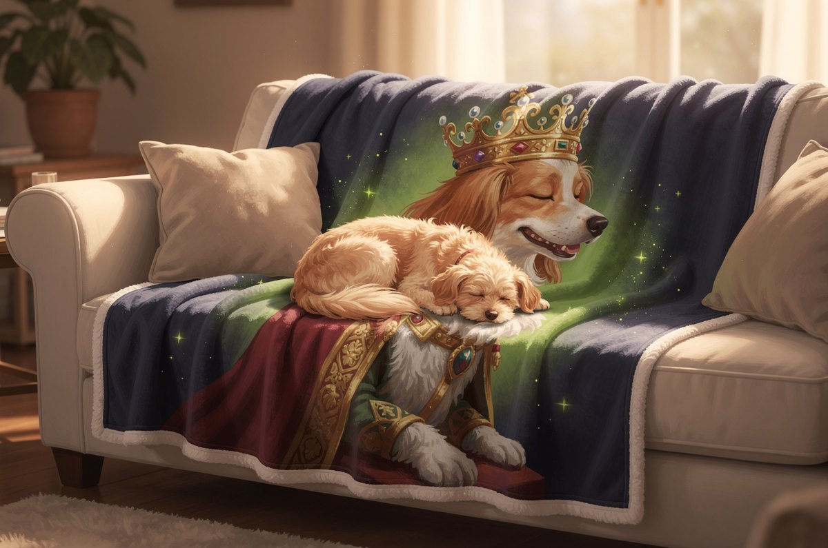 A soft fleece blanket printed with a whimsical royal-dog portrait draped over a couch, a cheerful dog curled up on it in warm daylight