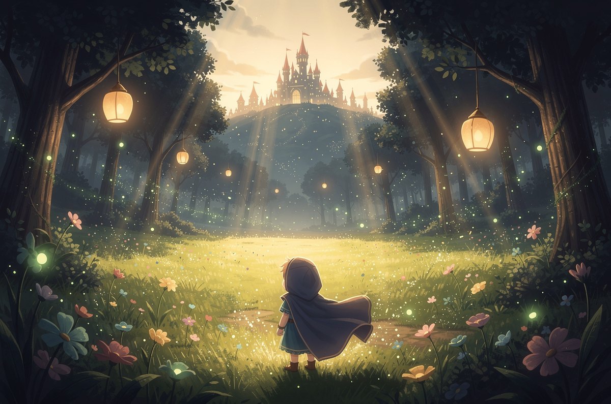 An illustrated storybook scene of a child as the hero of a magical world, a personalized keepsake gift for grandchildren that bridges the distance