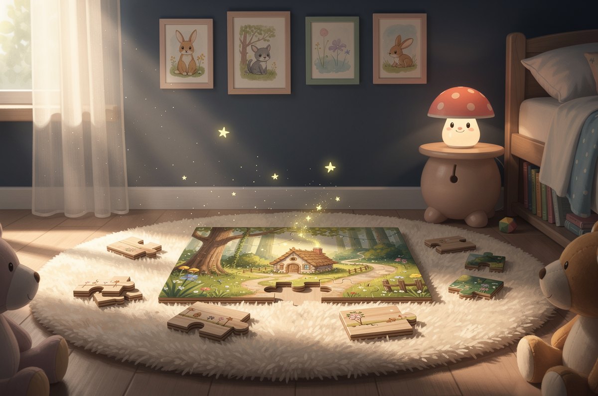 A partly assembled custom photo puzzle showing a magical cottage scene on a child's bedroom rug, a keepsake gift for a grandchild