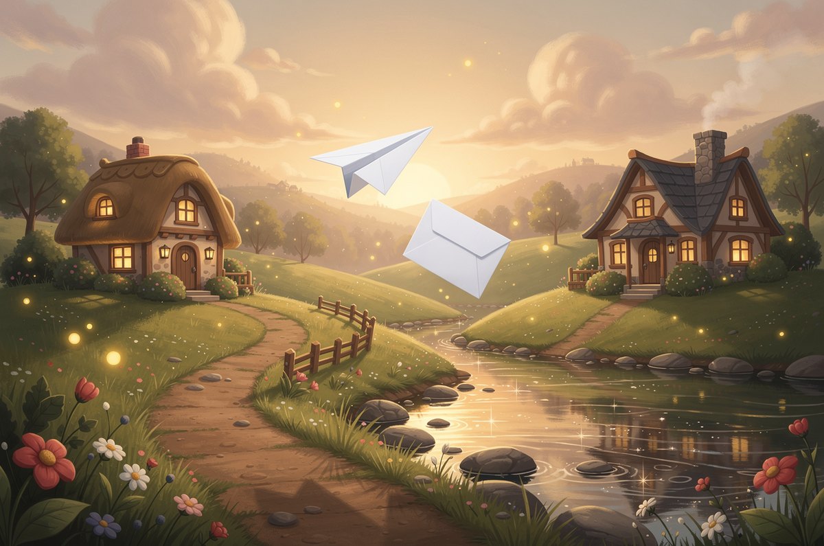 A winding path and a drifting letter linking two cottages across the hills, sending a personal gift to a grandchild who lives far away