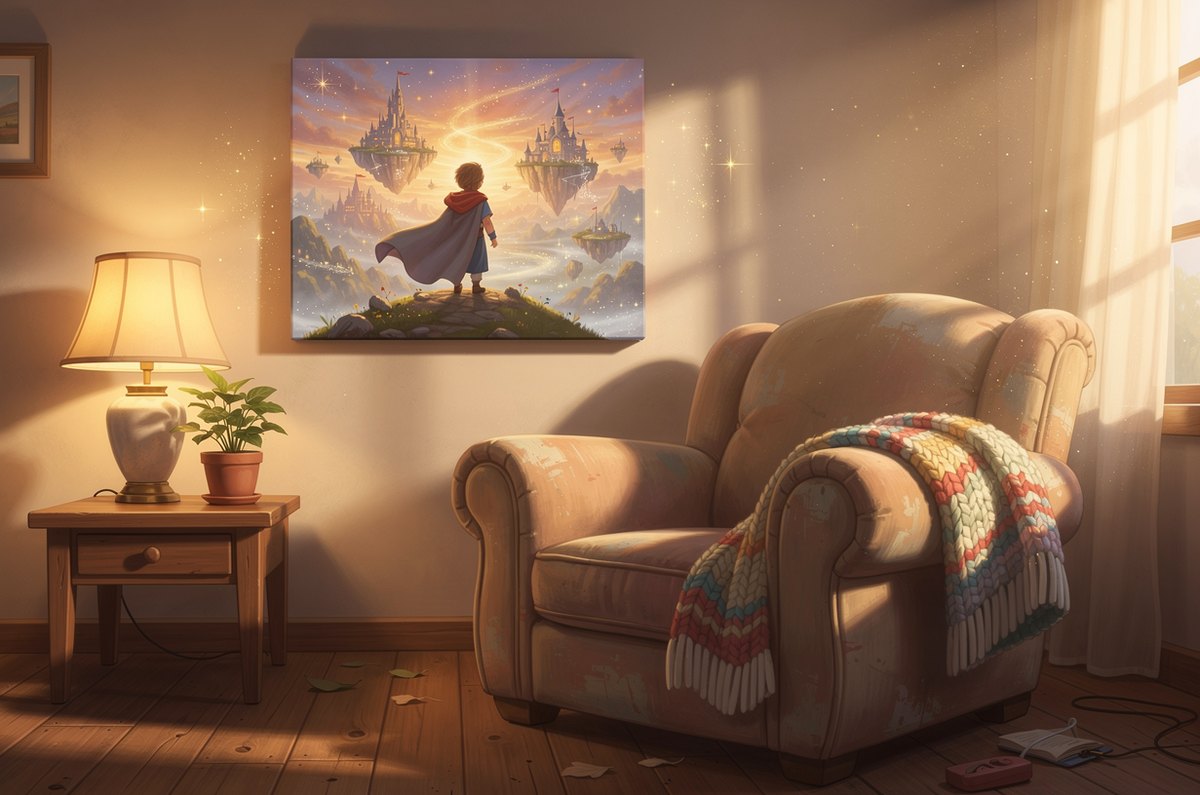 A cozy golden-hour living room with a framed keepsake canvas of a child as a caped storybook hero facing a magical floating-castle world, and a soft knit throw blanket over the armchair, a Grandparents Day gift starring the grandchild