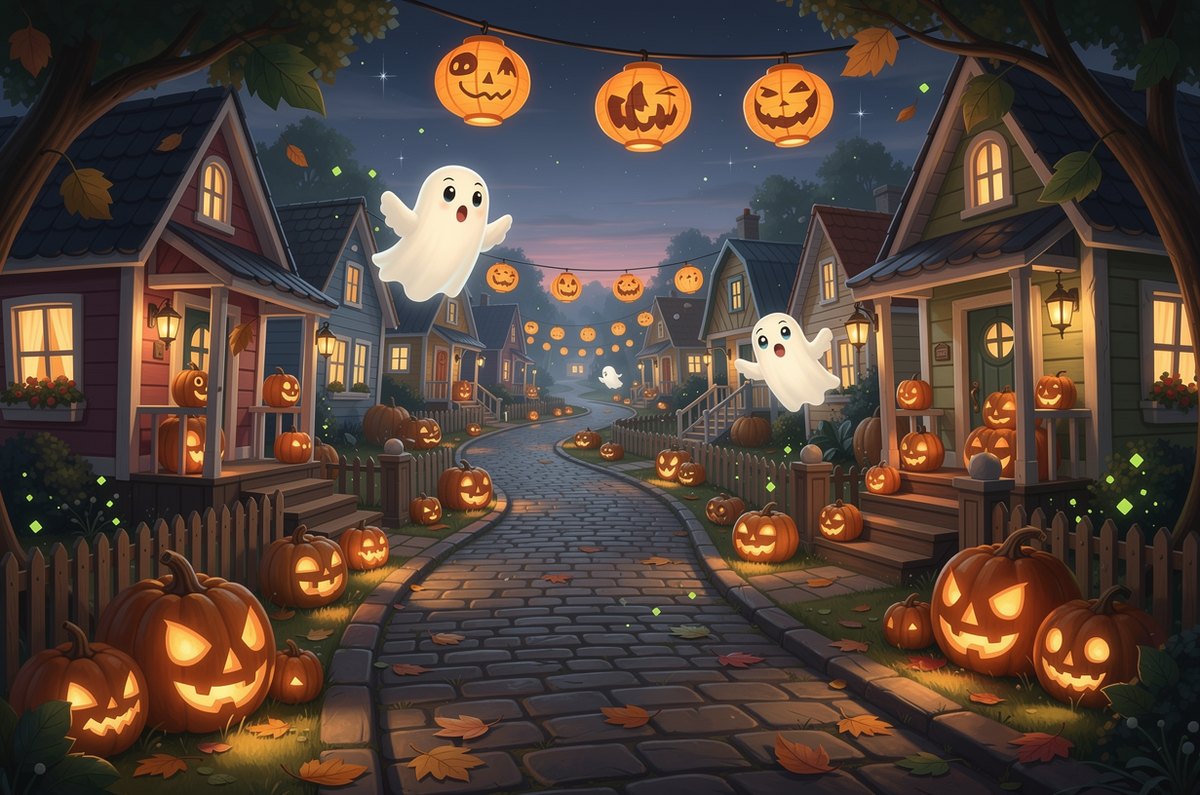 A cozy friendly-Halloween storybook scene with glowing jack-o-lanterns, gentle cartoon-cute ghosts, and warm lantern light down a friendly street