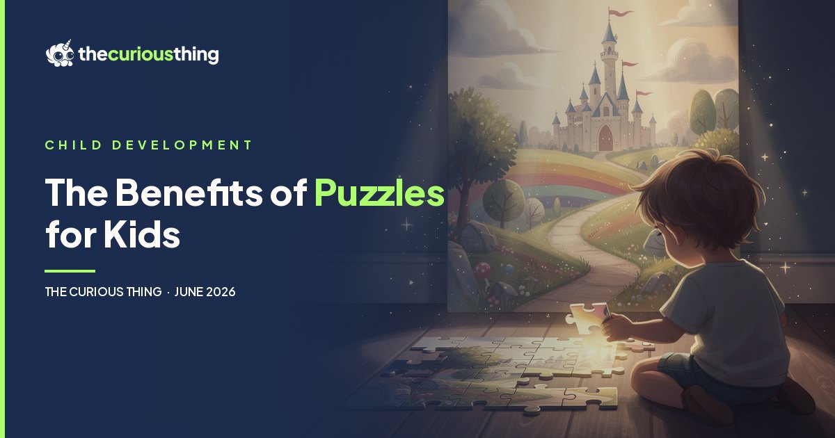 A young child completing a glowing jigsaw puzzle that opens onto a magical castle world, illustrating the benefits of puzzles for kids