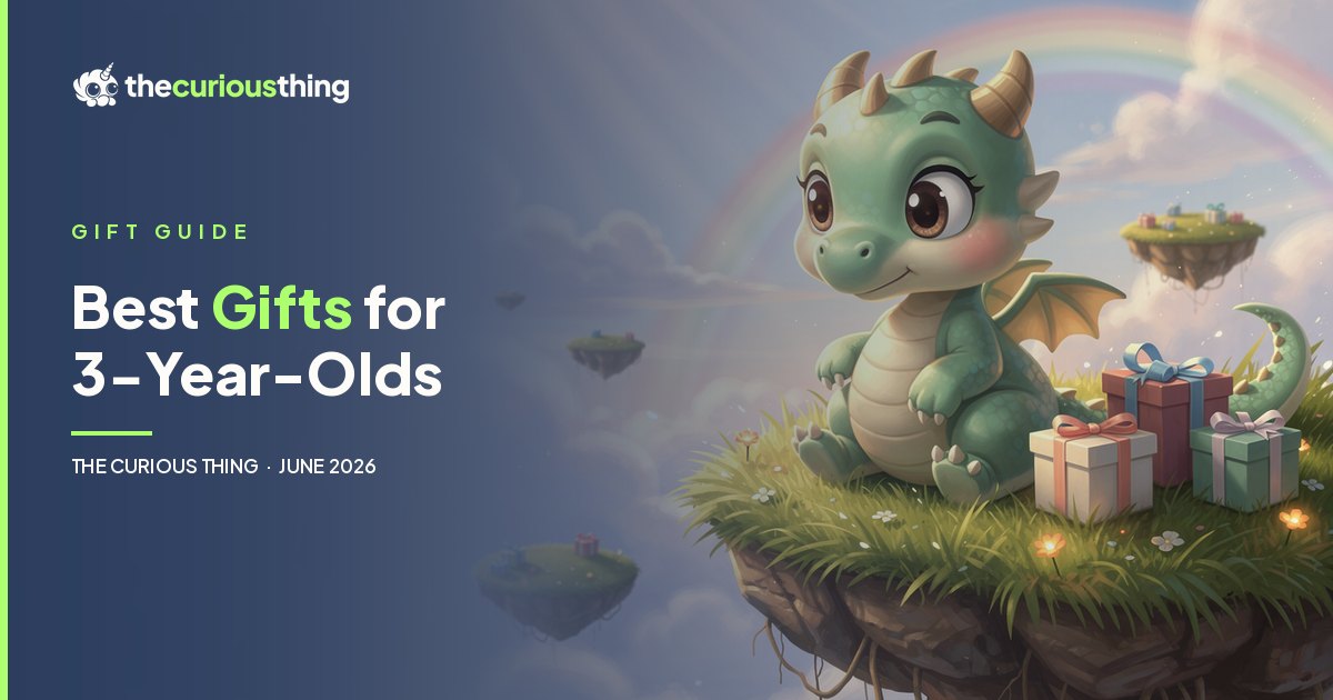 Best gifts for 3-year-olds: a friendly cartoon dragon with wrapped gifts in a magical floating-island world, from The Curious Thing
