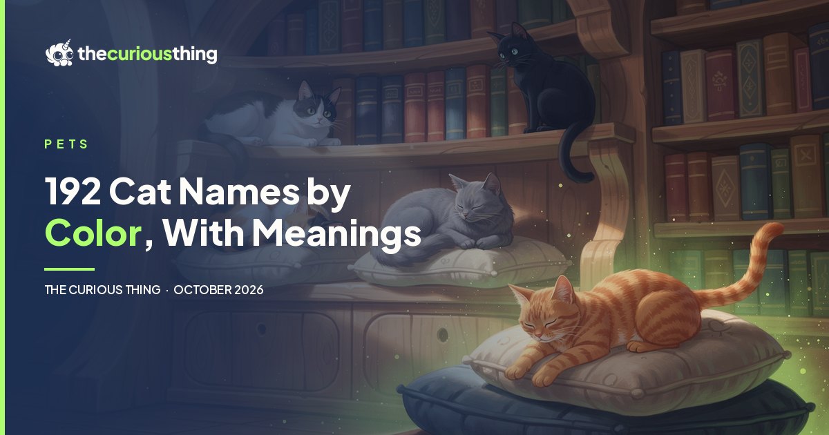 192 Cat Names by Color, With Meanings: orange, calico, black, gray, white and tuxedo cats in a storybook library, from The Curious Thing