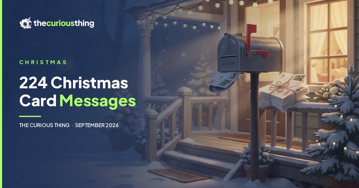 224 Christmas Card Messages: a snowy porch mailbox with a stack of Christmas cards, from The Curious Thing
