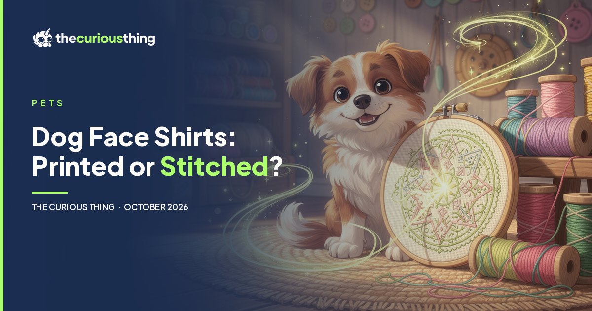 Dog Face Shirts: Printed or Stitched? A dog beside embroidery thread spools and a hoop, from The Curious Thing