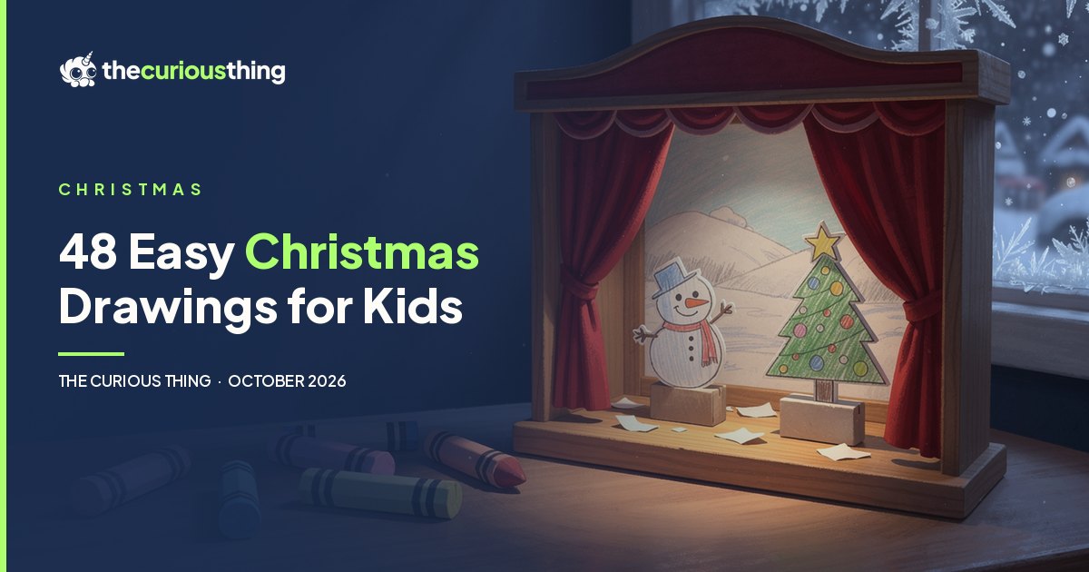 48 Easy Christmas Drawings for Kids: crayon drawings of a snowman and a Christmas tree as paper puppets on a little lit stage, from The Curious Thing