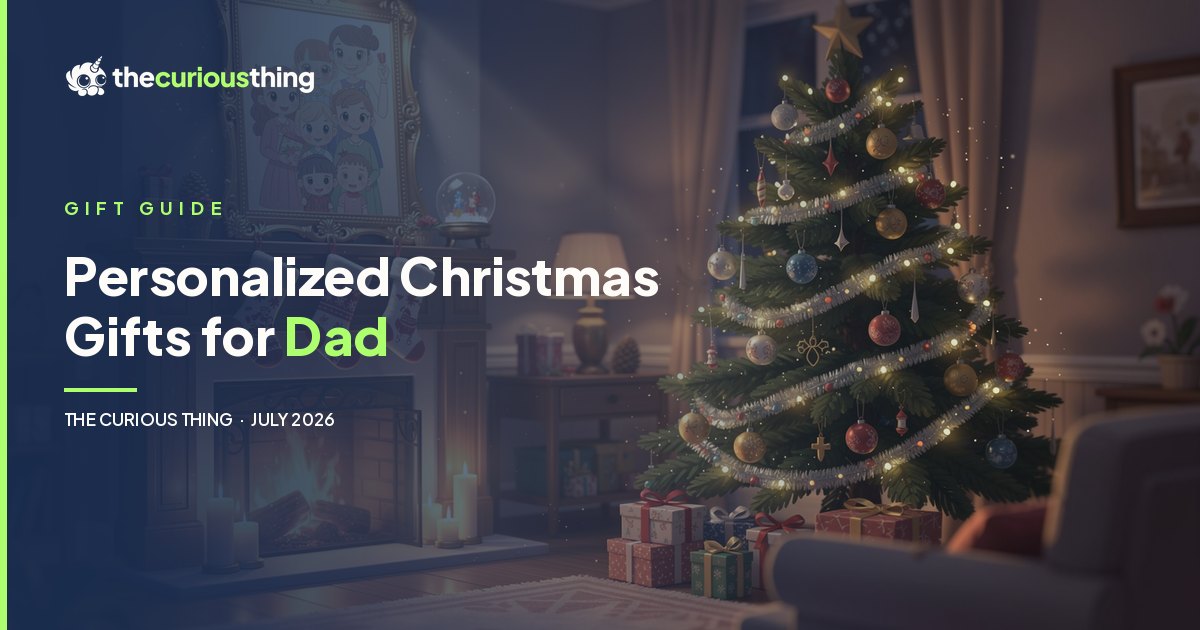 Personalized Christmas Gifts for Dad: a framed family portrait keepsake glowing on a holiday mantel, from The Curious Thing