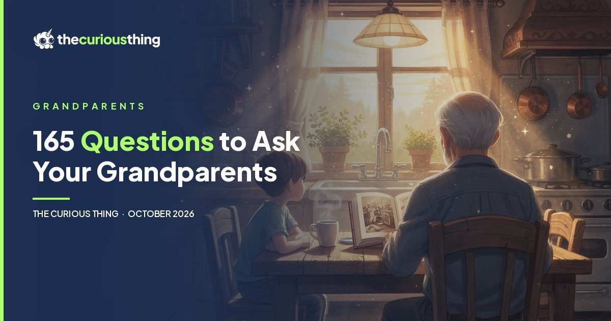 165 Questions to Ask Your Grandparents: a grandparent and grandchild at a kitchen table with a photo album, from The Curious Thing