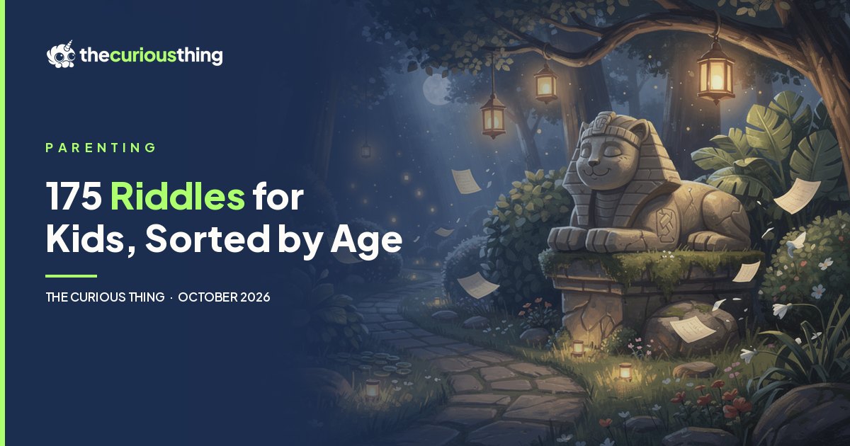 175 Riddles for Kids, Sorted by Age: a friendly stone sphinx in a lantern-lit storybook garden, from The Curious Thing