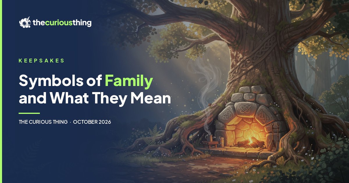 Symbols of Family and What They Mean: an old oak tree with a glowing stone hearth carved with knotwork, from The Curious Thing