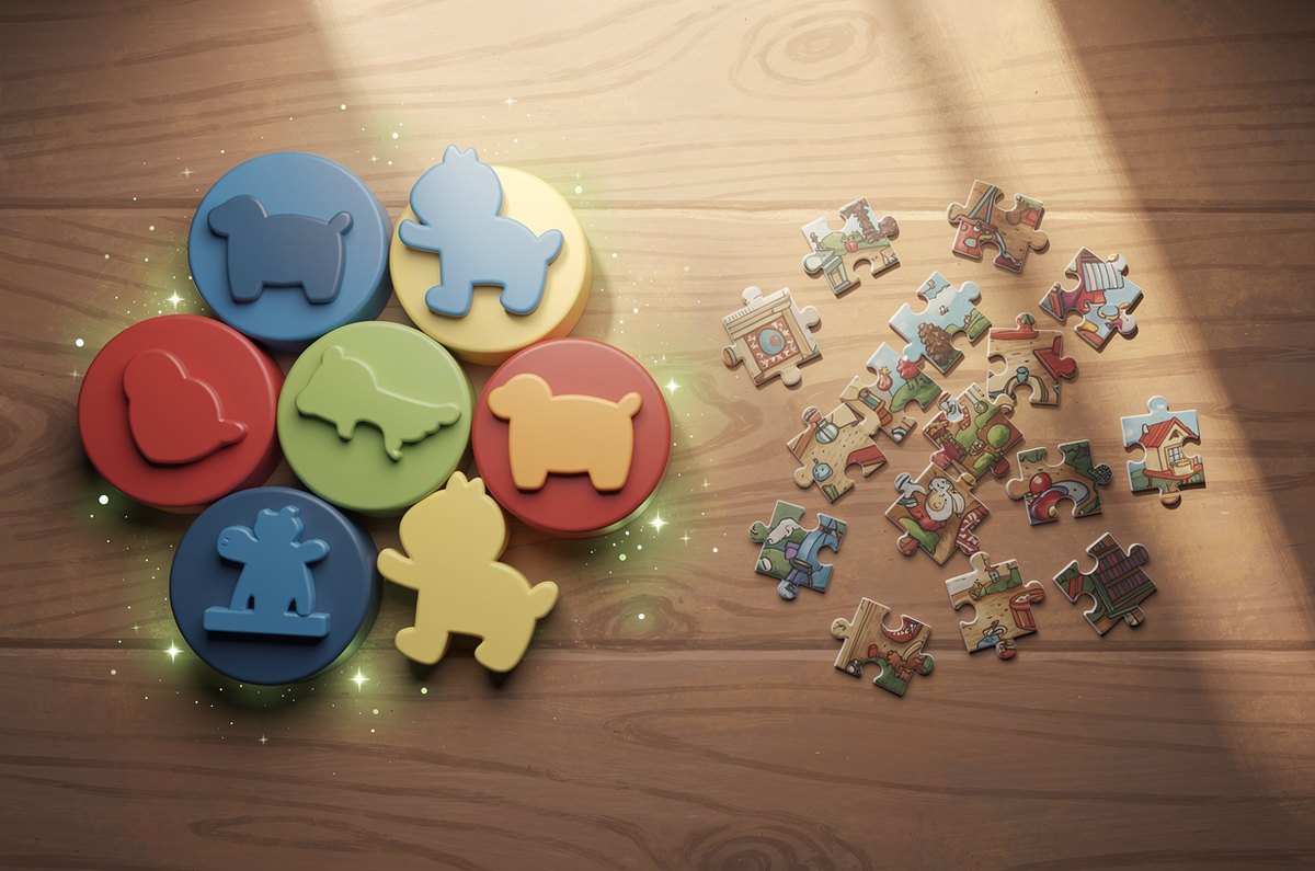A size comparison on a wooden table: large chunky rounded toddler puzzle pieces with raised animal shapes on the left, beside a scatter of small thin adult jigsaw pieces on the right
