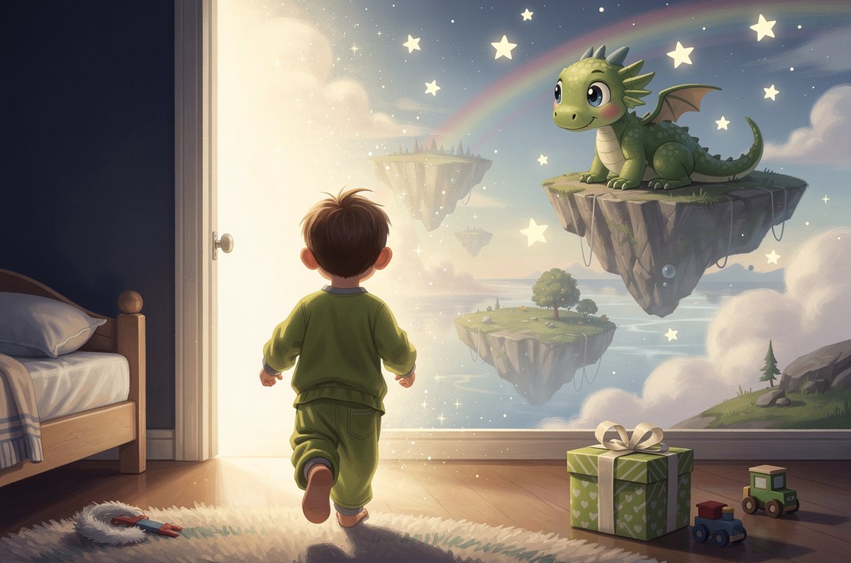 A child stepping from their bedroom into a magical world of floating islands and a friendly dragon, with a wrapped birthday gift nearby
