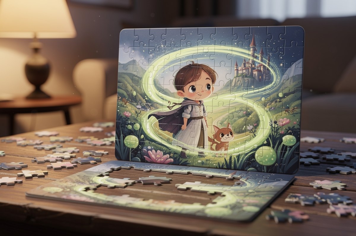A personalized photo puzzle half assembled on a table, the pieces forming a child's fantasy hero portrait